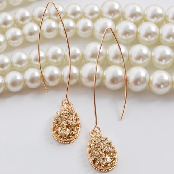 Women's Simulated Druzy Dangly Threader Earrings Gold Long Simple Boho Hoop - Picture 3 of 9